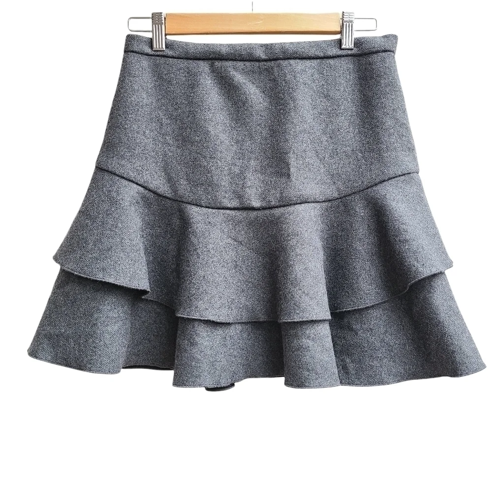 J. Crew Grey Wool Blend Tiered Ruffle Mini Skirt Size 0 / XS